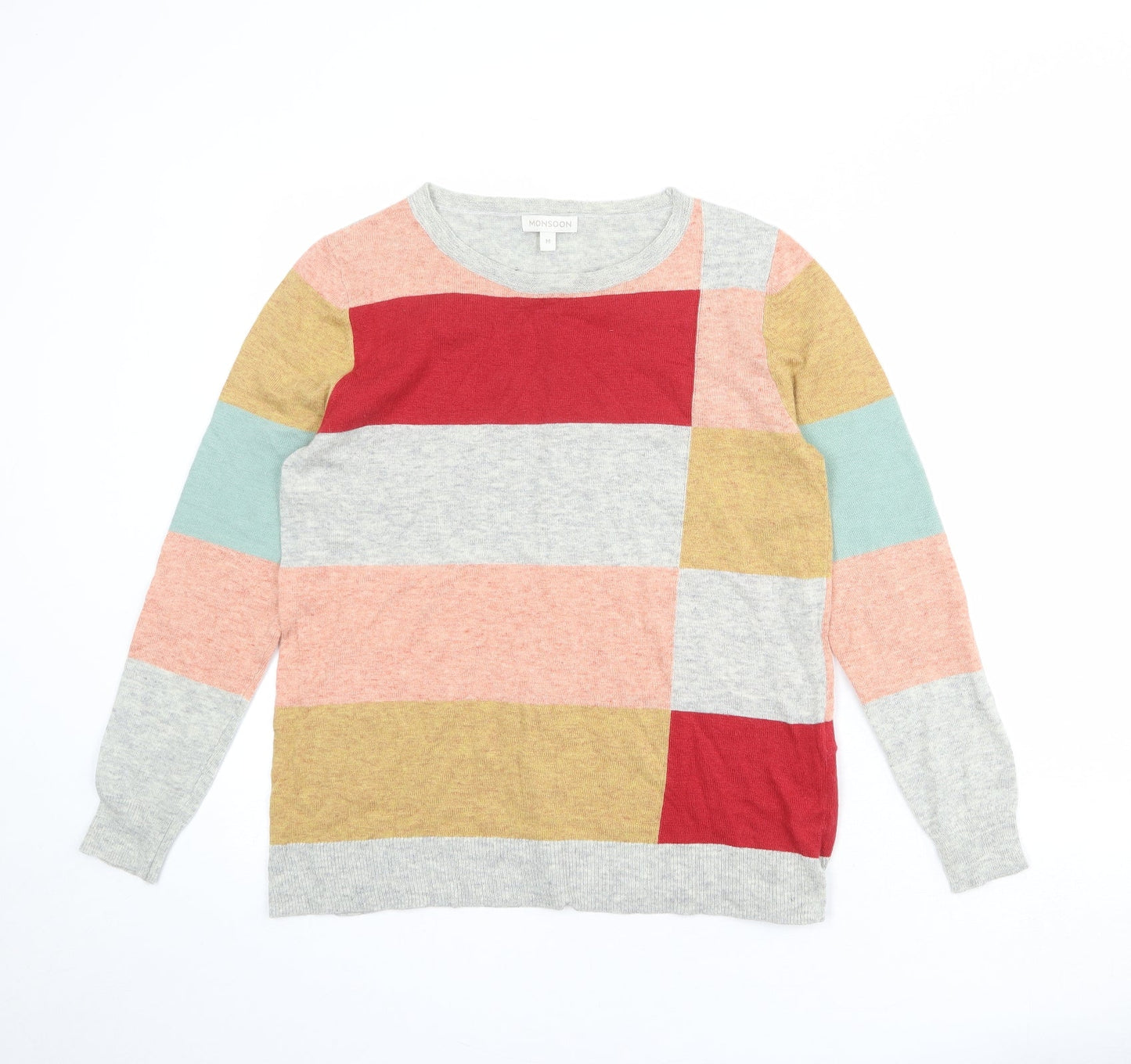 Monsoon Womens Multicoloured Round Neck Geometric Nylon Pullover Jumper Size M