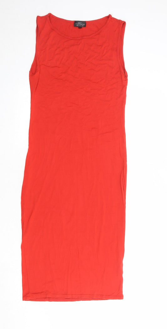 Topshop Womens Red Viscose Bodycon Size 10 Boat Neck Pullover