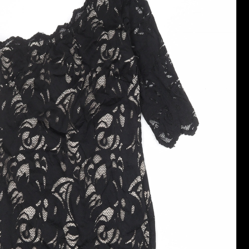 H&M Womens Black Floral Polyamide A-Line Size M One Shoulder Zip
