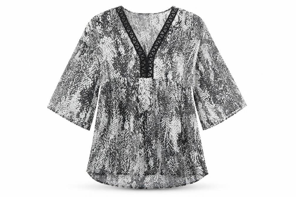 Marks and Spencer Womens Grey Geometric Polyester Basic Blouse Size 8 V-Neck