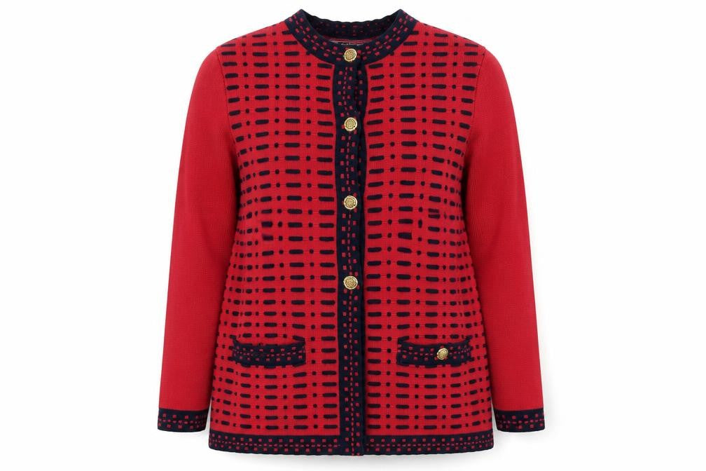 Belmondo Womens Red Round Neck Geometric Acrylic Cardigan Jumper Size 14