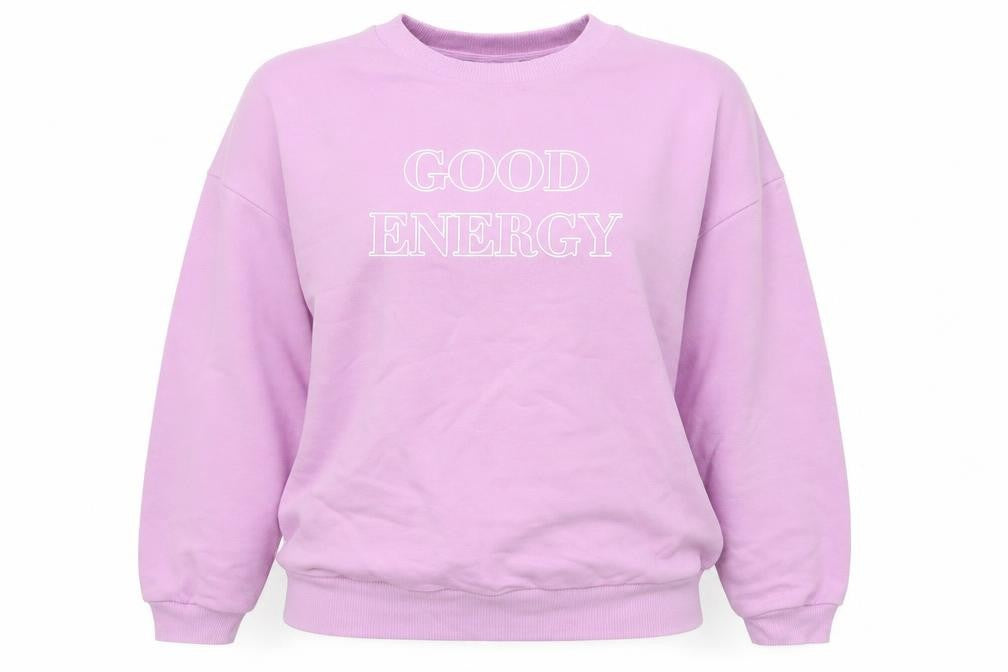 Front view of ASOS women’s pink cotton pullover sweatshirt, size UK 8, pullover - good energy
