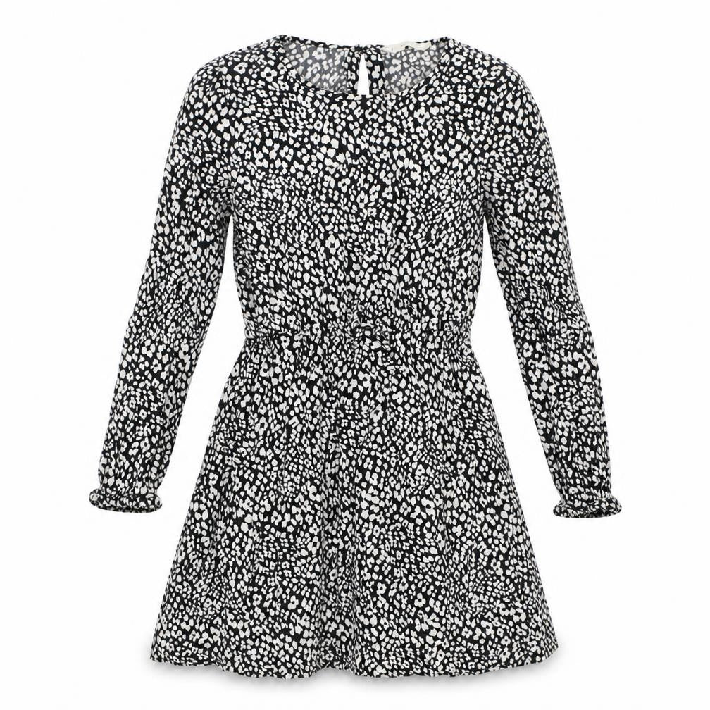 Mango Girls Black Animal Print Viscose Fit & Flare Size 10 Years Boat Neck Button