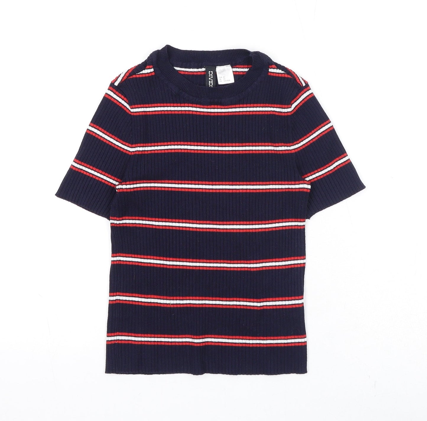 Divided by H&M Womens Blue Striped Viscose Basic T-Shirt Size XS Round Neck