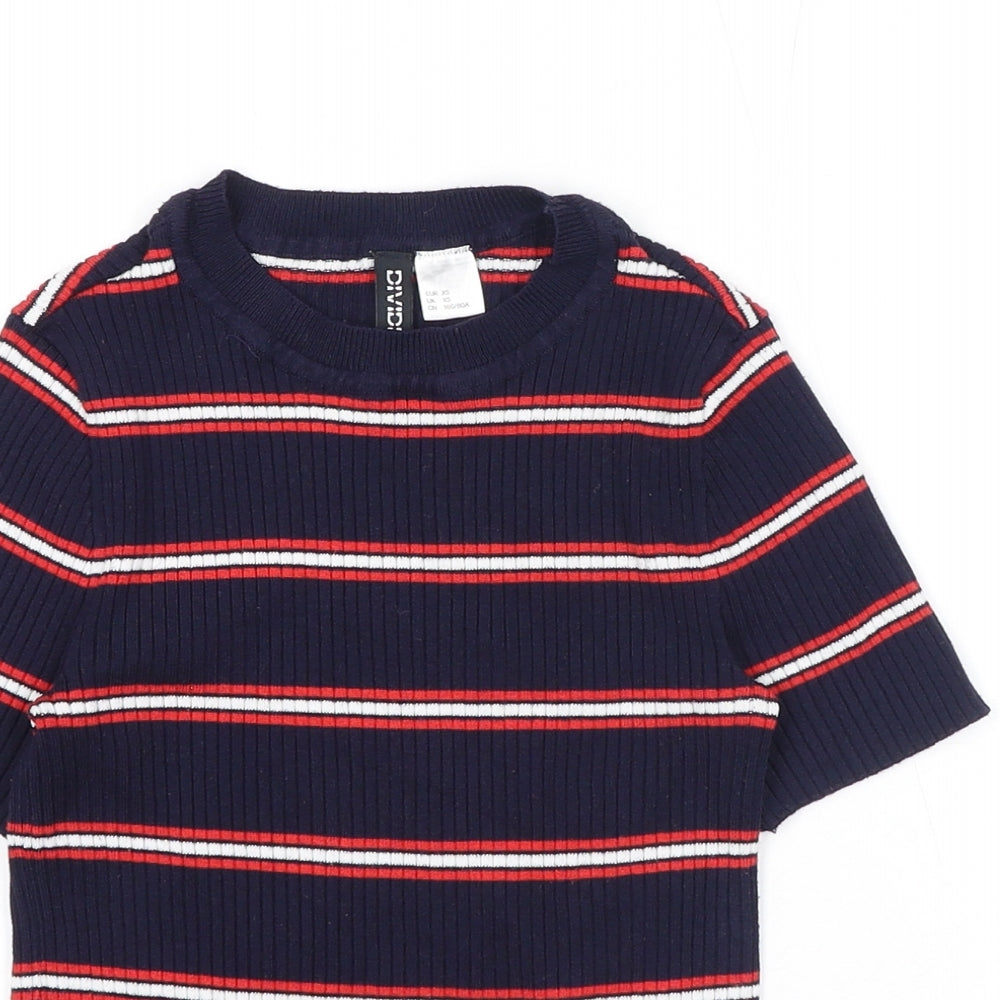 Divided by H&M Womens Blue Striped Viscose Basic T-Shirt Size XS Round Neck