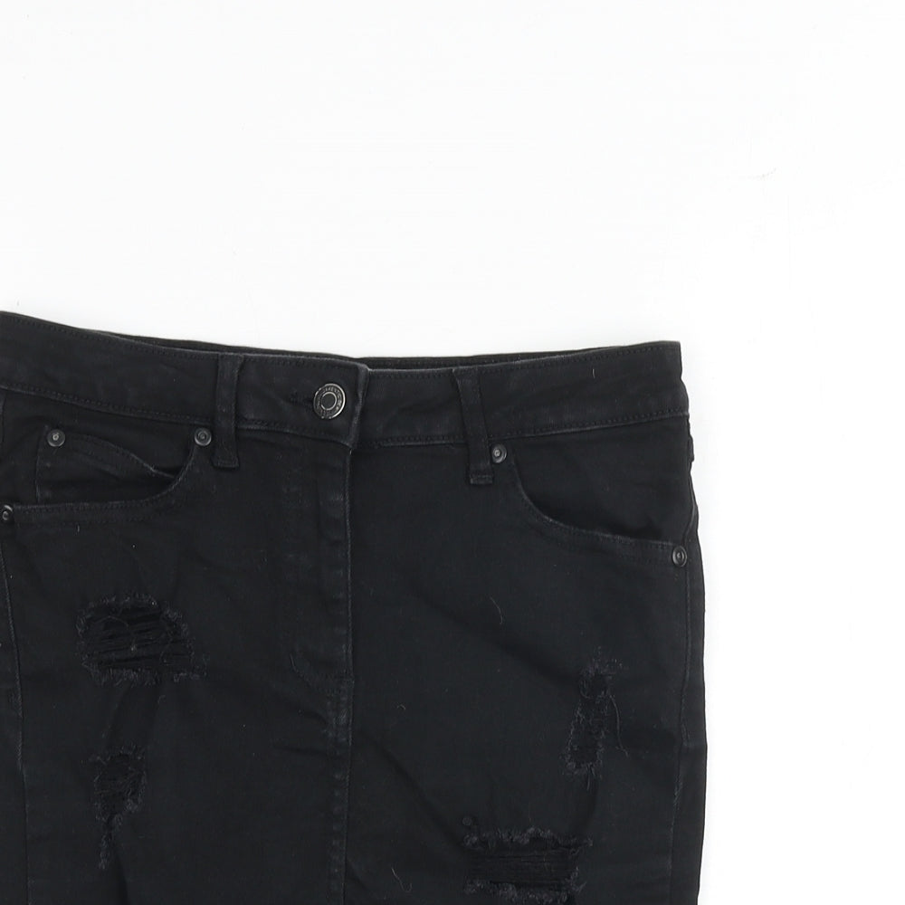 New Look Womens Black Cotton A-Line Skirt Size 8 Zip - Distressed look