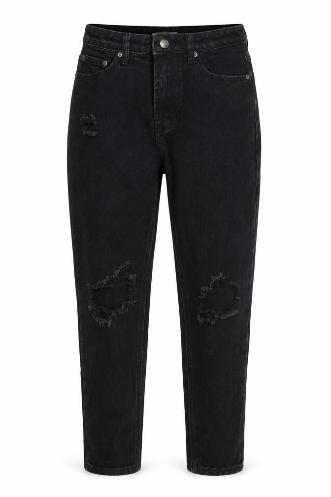 Front view of In the Style women’s black cotton mom jeans, size UK 8, regular zip