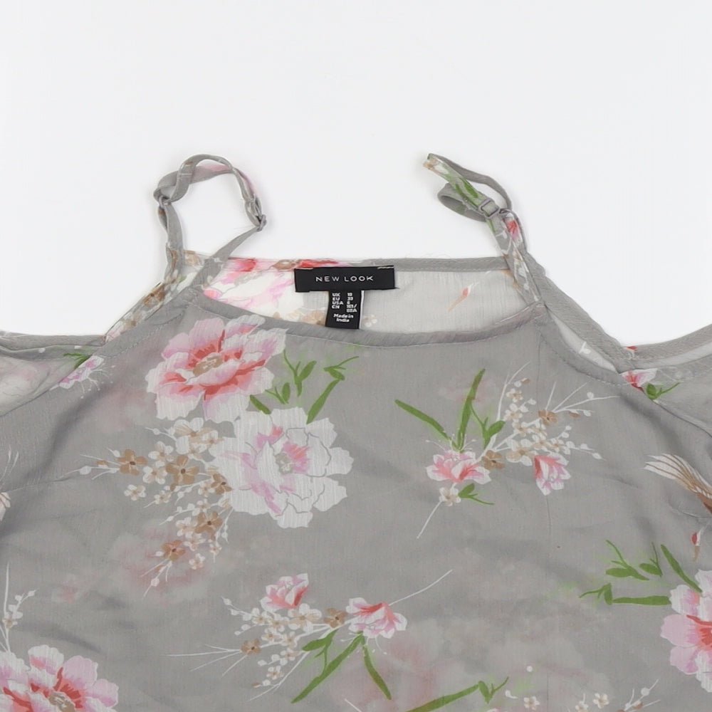 New Look Womens Grey Floral Polyester Basic Blouse Size 10 Square Neck - Cold Shoulder