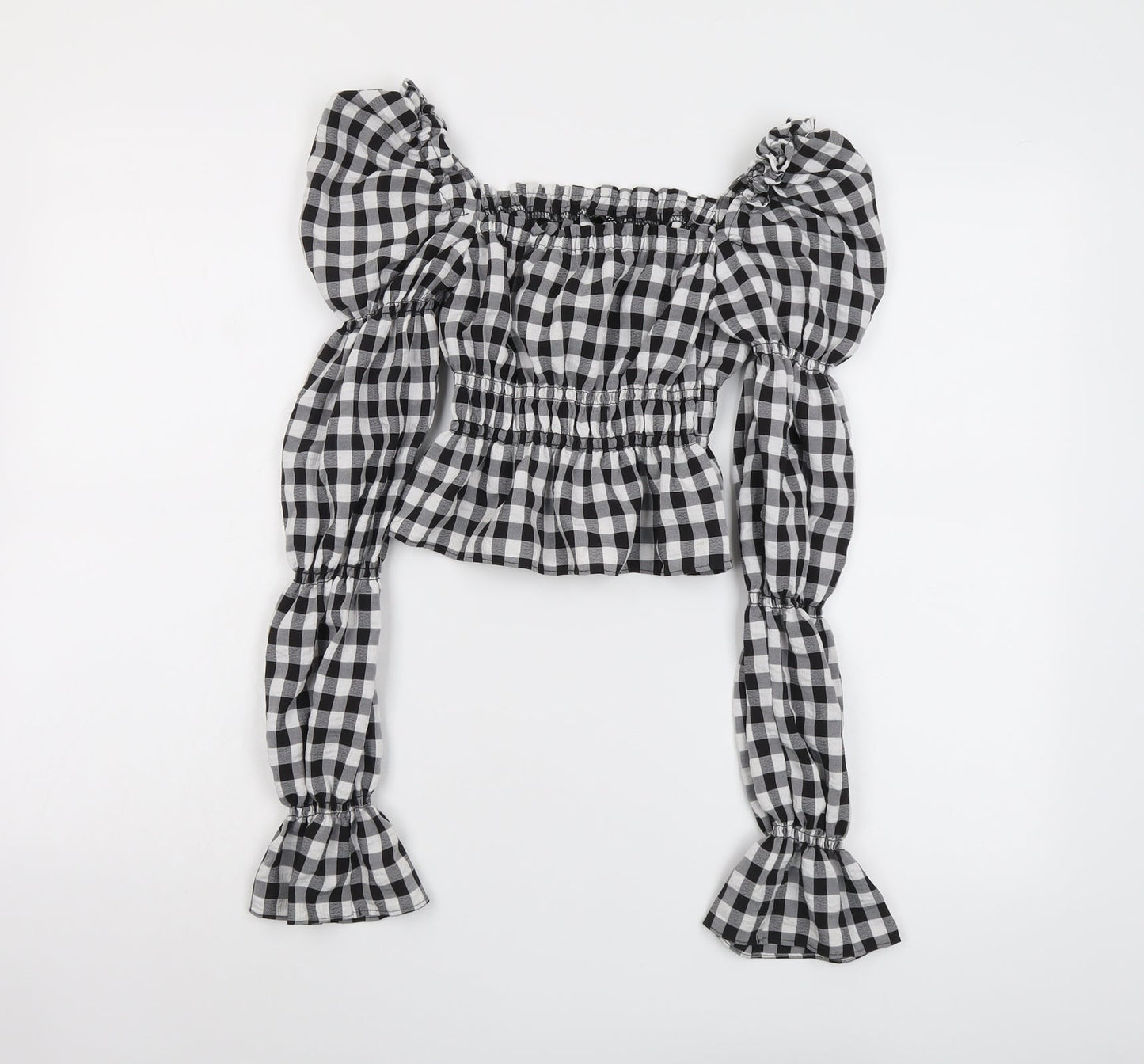 H&M Womens Black Check Polyester Cropped Blouse Size 2XS Square Neck - Puff Sleeve