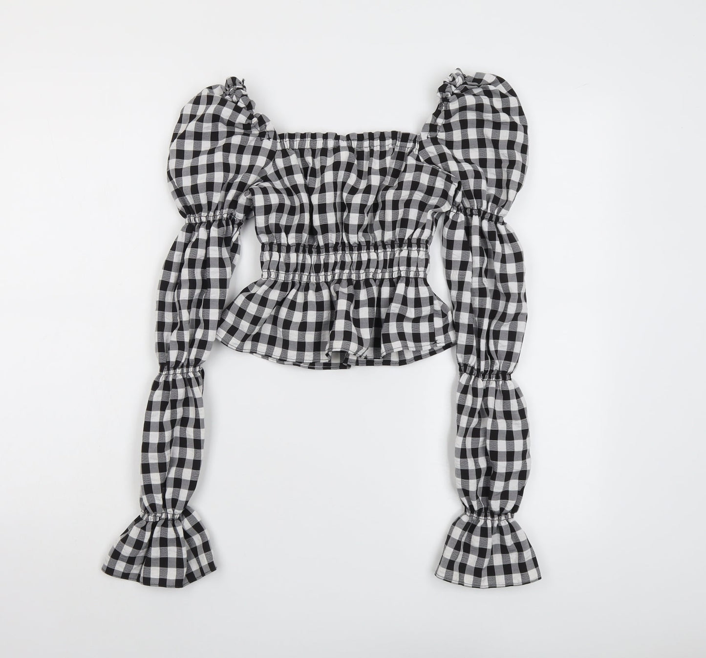 H&M Womens Black Check Polyester Cropped Blouse Size 2XS Square Neck - Puff Sleeve