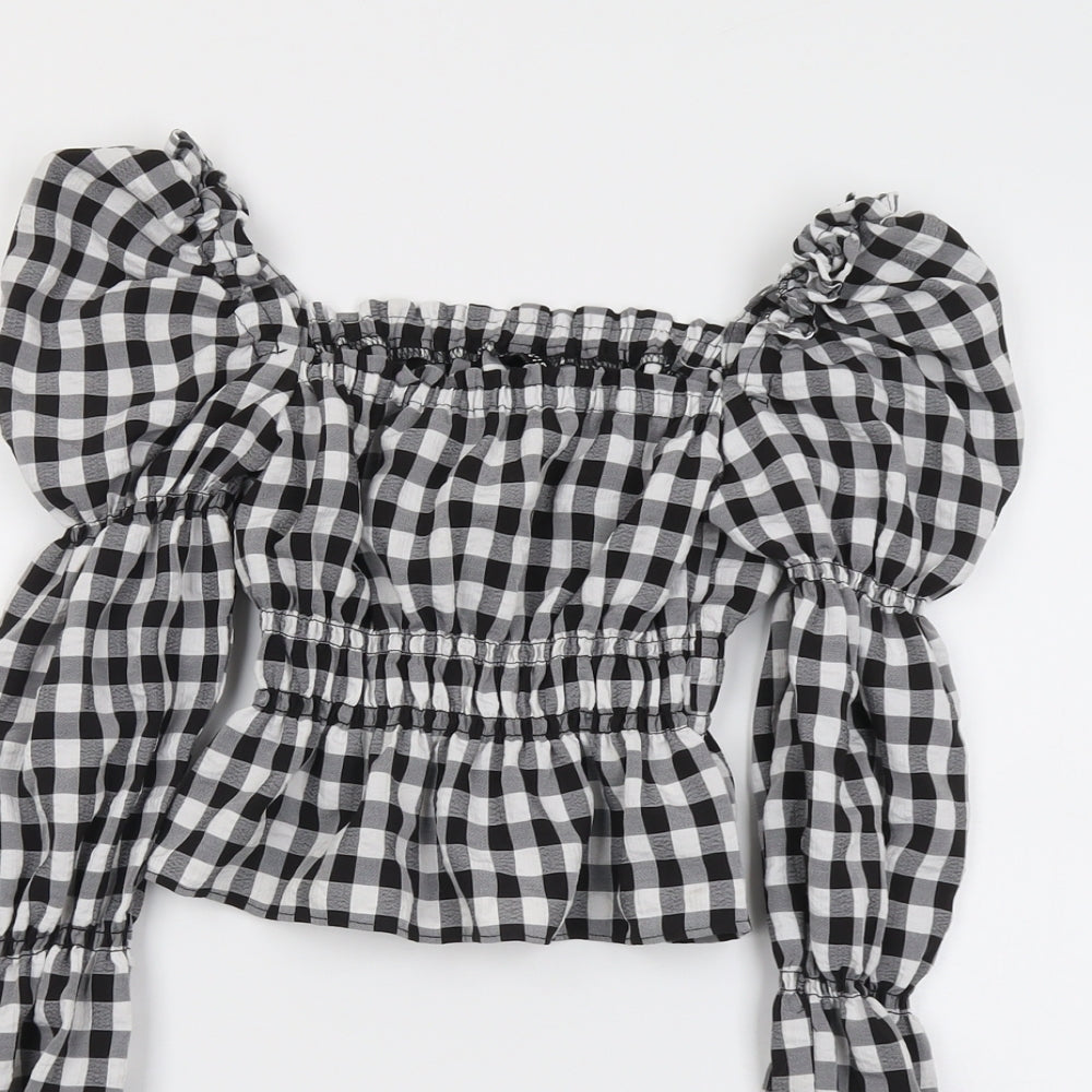 H&M Womens Black Check Polyester Cropped Blouse Size 2XS Square Neck - Puff Sleeve