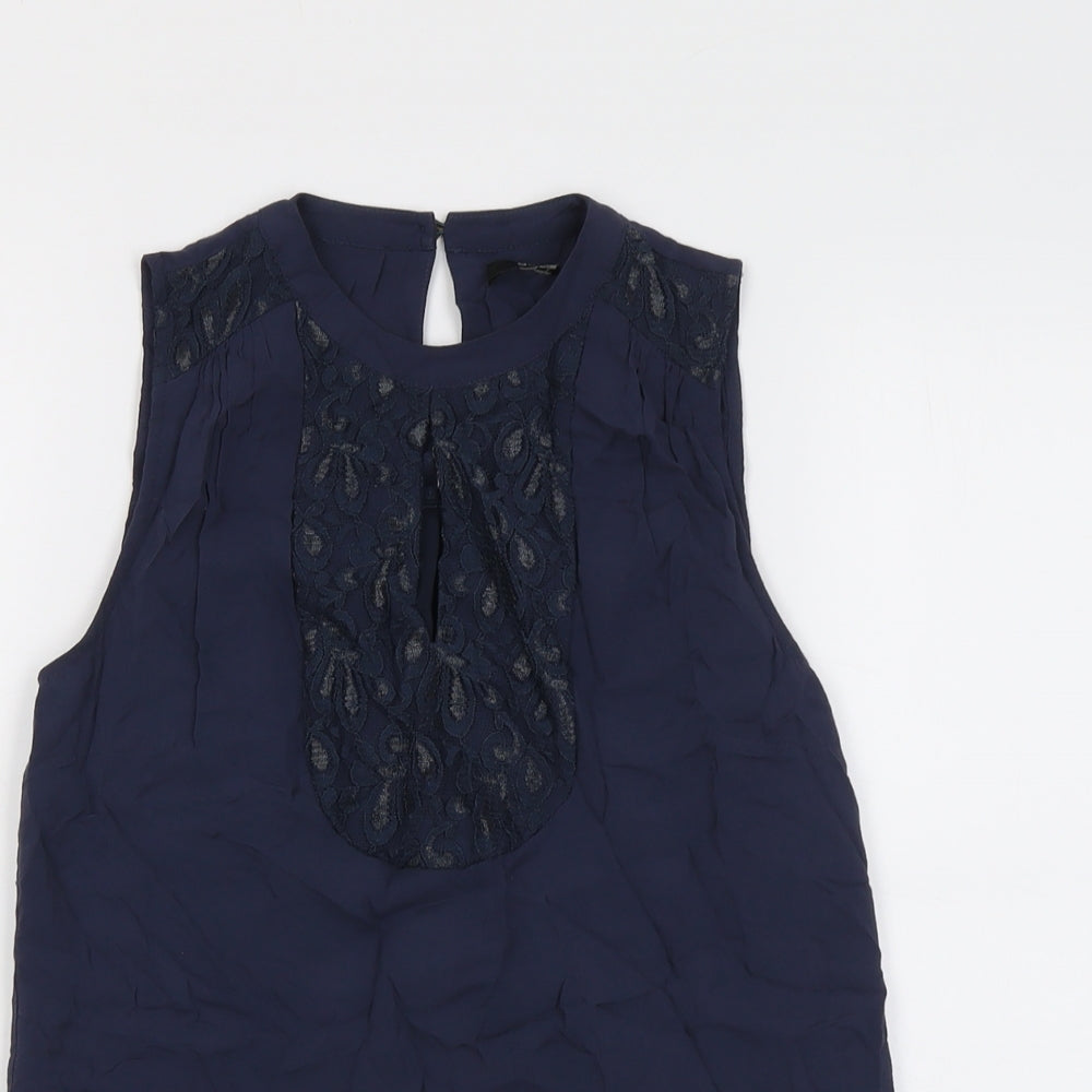 Oasis Womens Blue Viscose Basic Blouse Size 8 Round Neck - Lace Detail