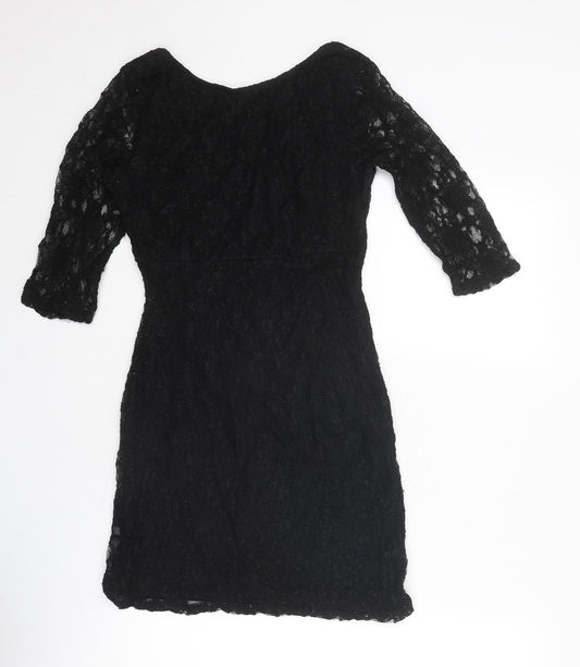 Warehouse Womens Black Floral Viscose A-Line Size 10 Round Neck Zip