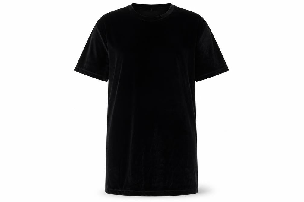 Front view of ASOS women’s black polyester t-shirt dress, size M, round neck pullover