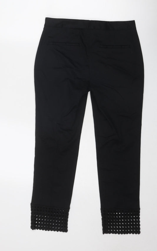Zara Womens Black Cotton Trousers Size S Regular Zip - Hem Detail