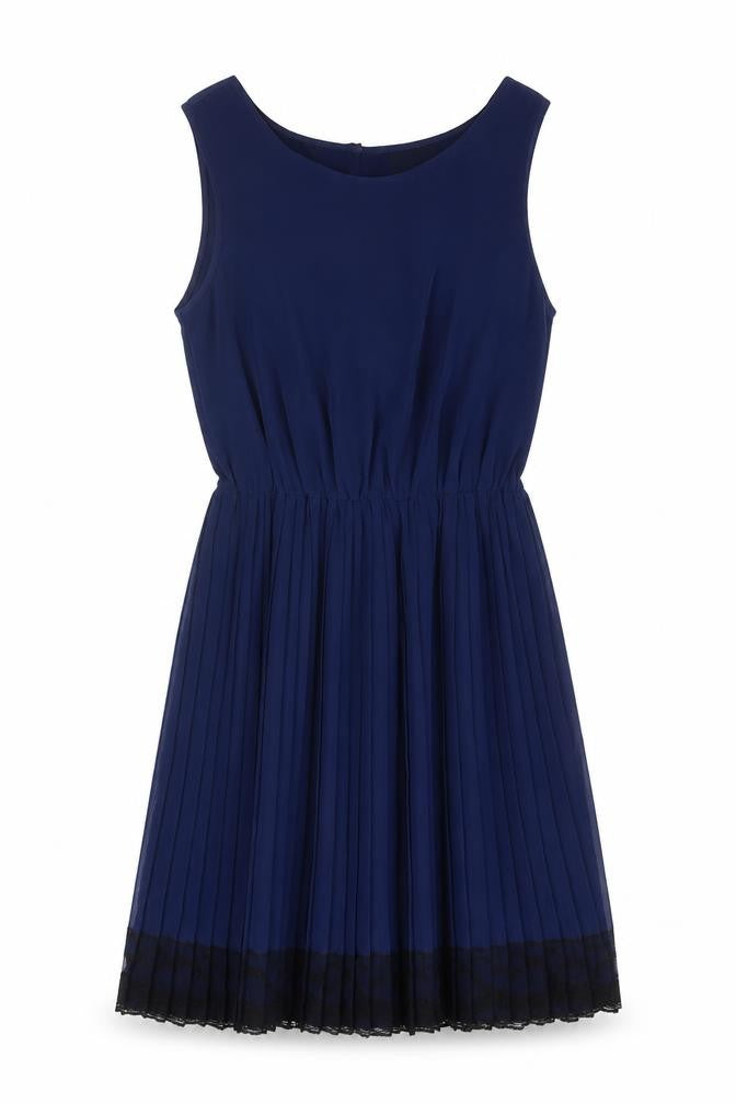 Front view of ASOS women’s blue colourblock polyester fit & flare, size UK 10, round neck button