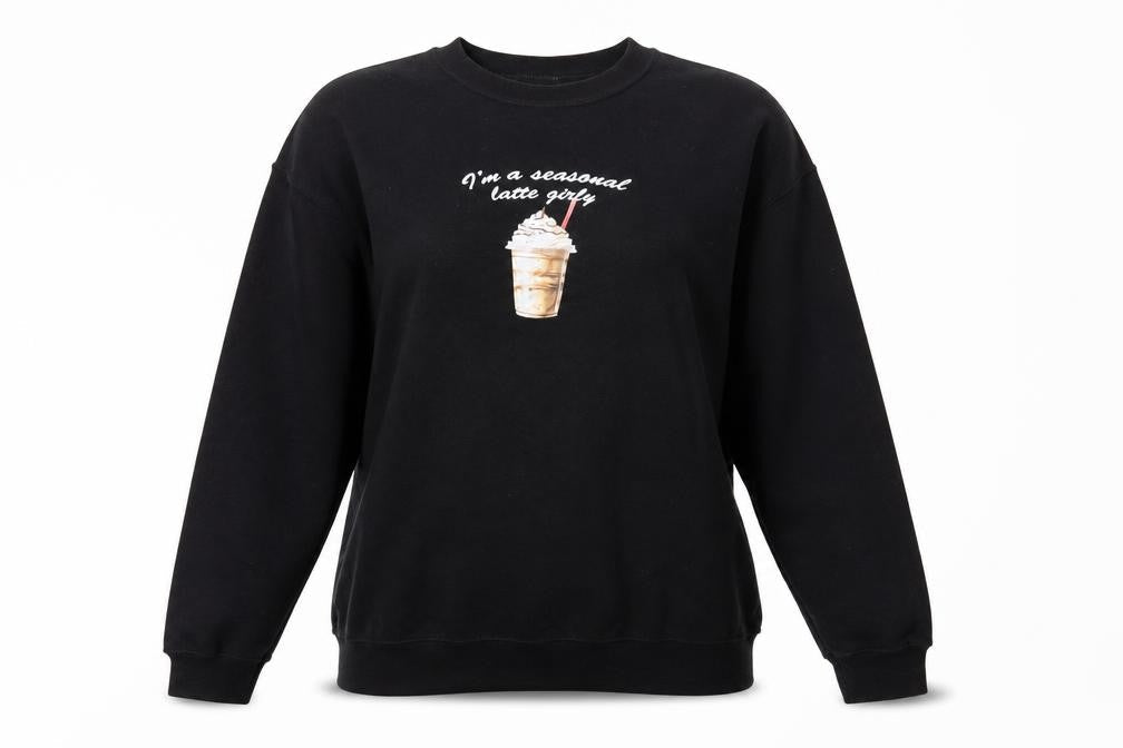 Front view of ASOS women’s black cotton pullover sweatshirt, size M, pullover - i'm a seasonal latte girl