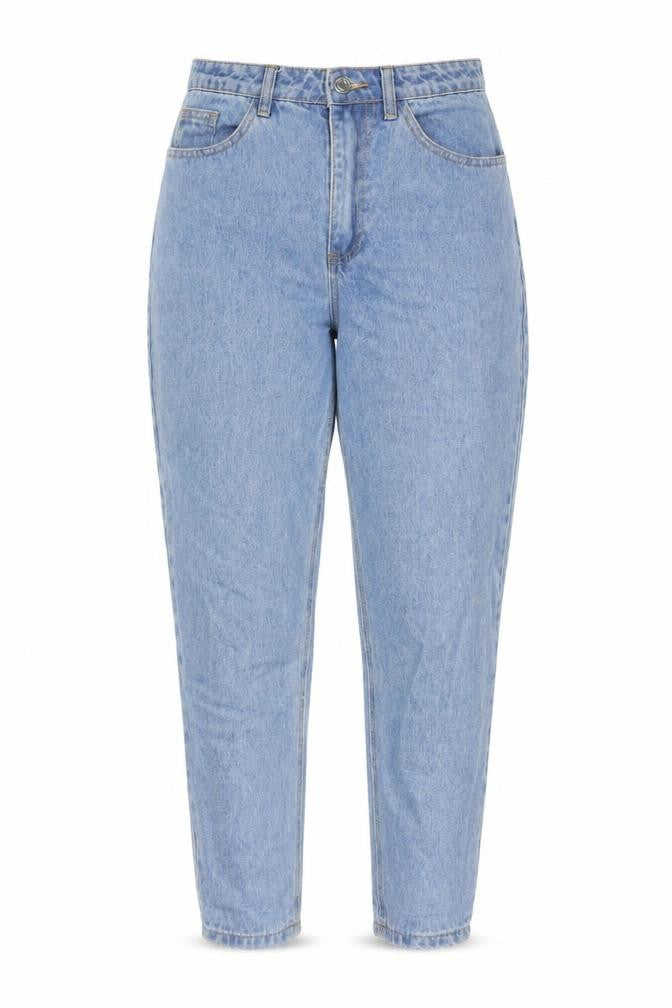 Front view of Missguided women’s blue cotton mom jeans, size UK 6, regular zip