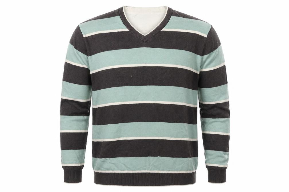 Front view of Atlantic Bay men’s grey v-neck striped cotton jumper, size XL, long sleeve