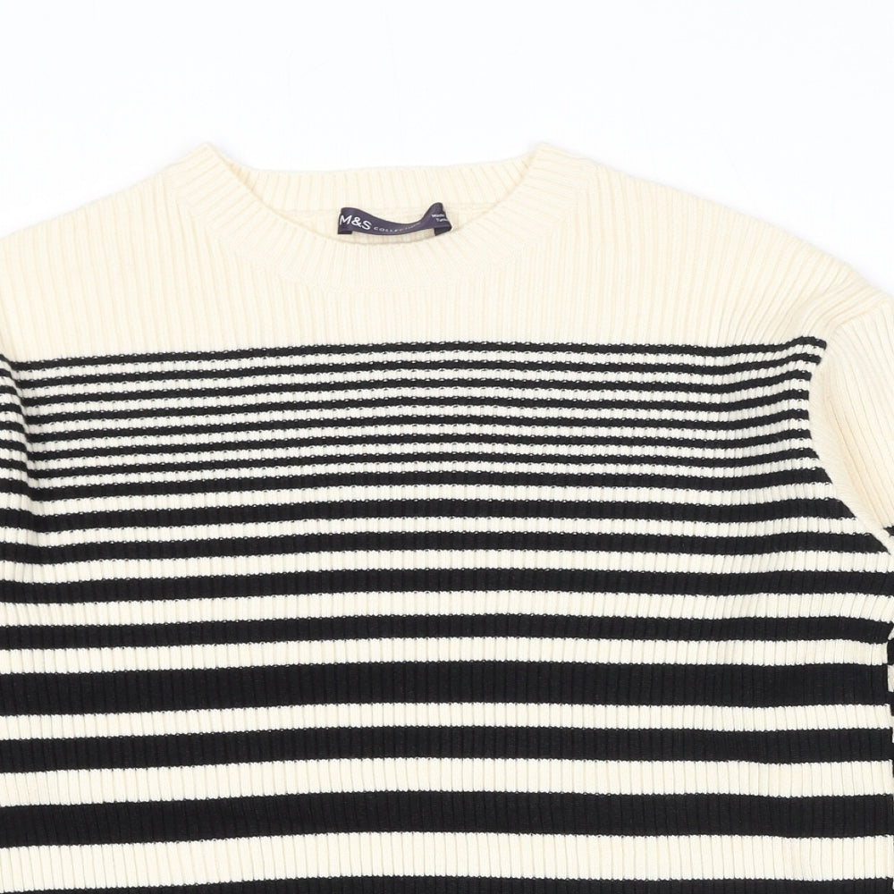 Marks and Spencer Womens Black Crew Neck Striped Polyester Pullover Jumper Size M