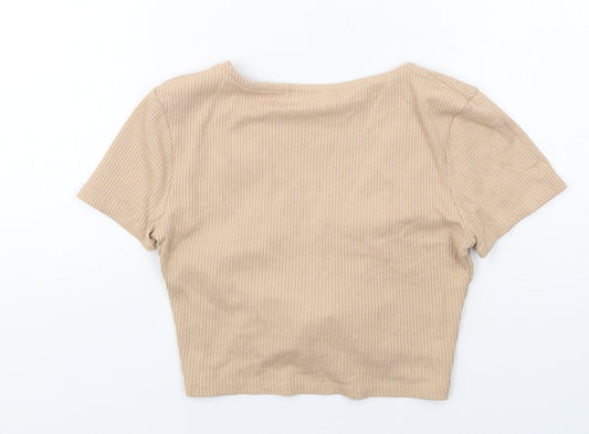 Pull&Bear Womens Beige Viscose Cropped T-Shirt Size M V-Neck - Drawstring