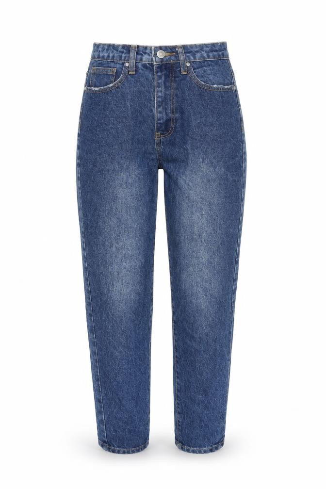 Front view of Missguided women’s blue cotton mom jeans, size UK 6, regular zip - high rise