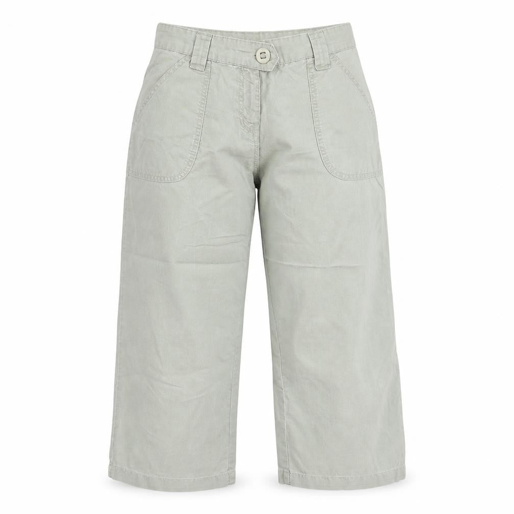 Front view of Vintage Canvas women’s green cotton chino trousers, size UK 12, regular zip