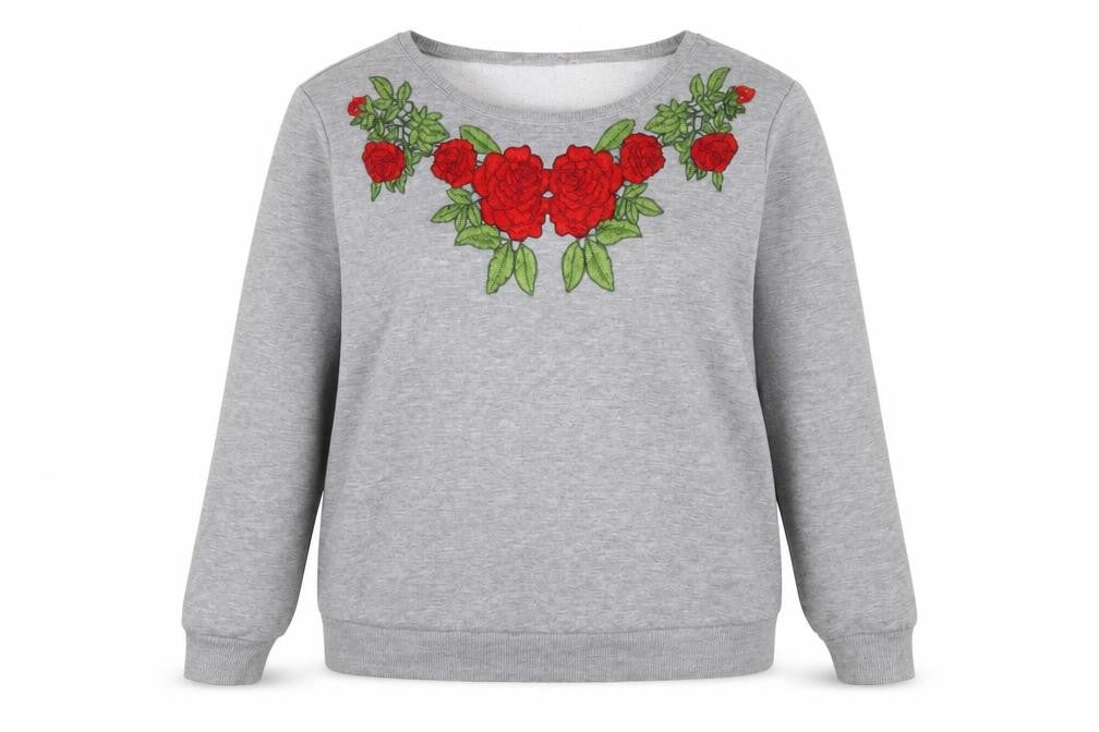 Front view of Red Herring women’s grey polyester pullover sweatshirt, size UK 14, pullover - flower detail