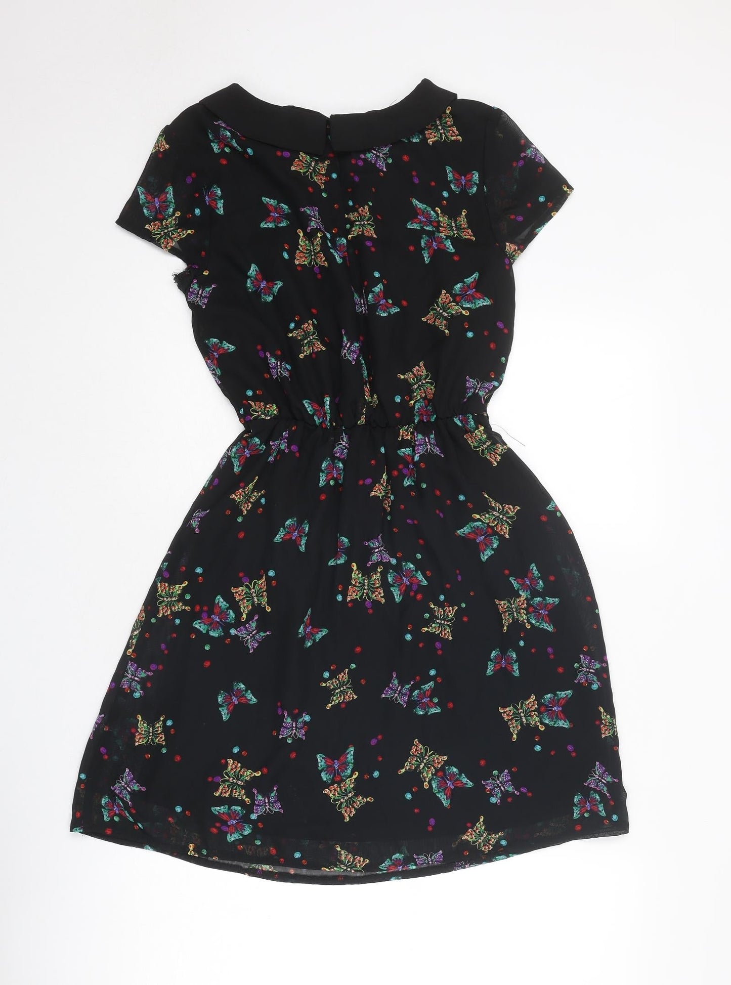 New Look Womens Black Geometric Polyester A-Line Size 8 Collared Button - Butterfly Pattern
