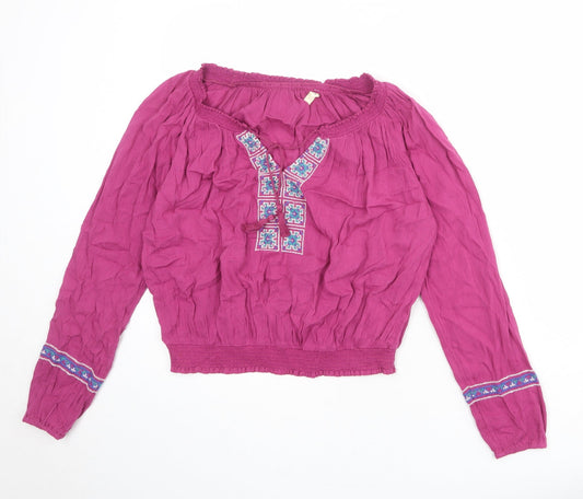 Hollister Womens Purple Geometric Cotton Basic Blouse Size S Boat Neck