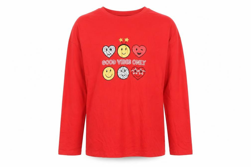 Front view of Marks & Spencer girls’ red 100% cotton pullover t-shirt, years round neck pullover - good vibes only