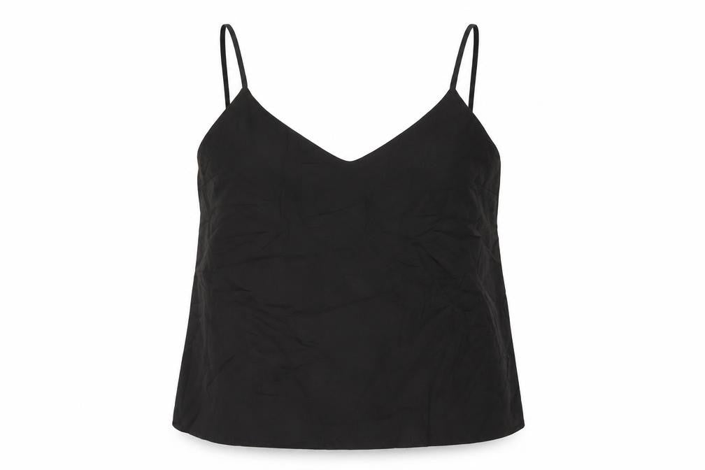 Front view of ASOS women’s black polyester camisole tank, size UK 16, v-neck