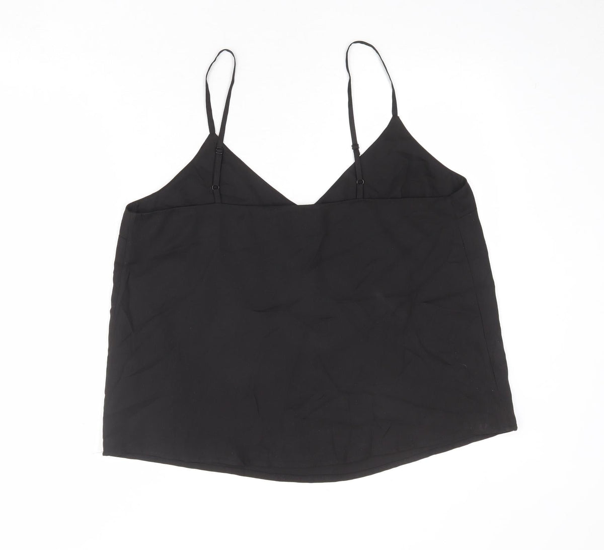 Back view of ASOS women’s black polyester camisole tank, size UK 16, v-neck