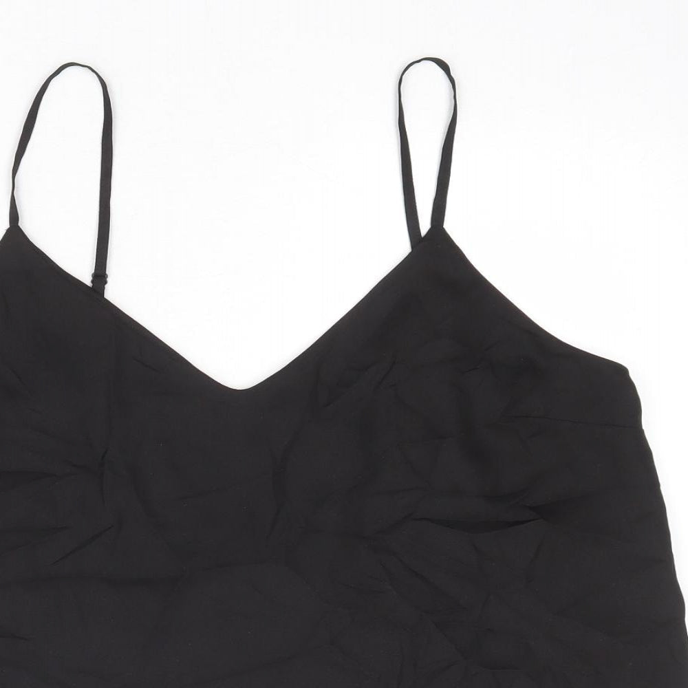 Close-up detail of ASOS women’s black polyester camisole tank, size UK 16, v-neck