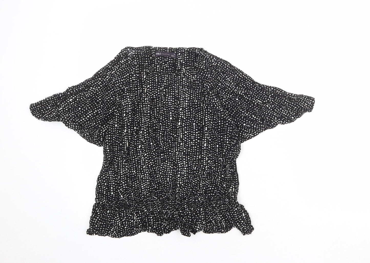 Marks and Spencer Womens Black Geometric Viscose Basic Blouse Size 14 Boat Neck - Batwing Sleeves