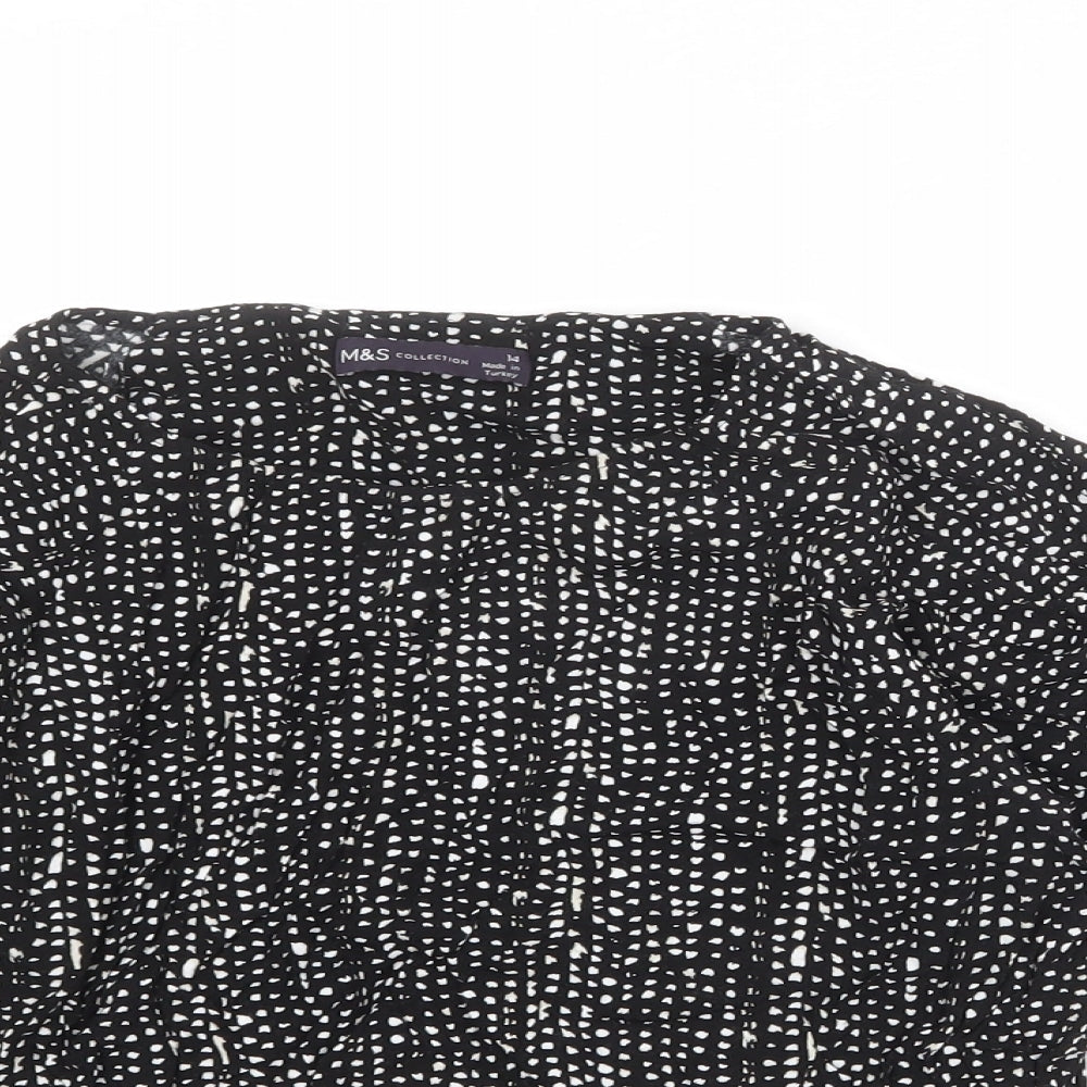 Marks and Spencer Womens Black Geometric Viscose Basic Blouse Size 14 Boat Neck - Batwing Sleeves