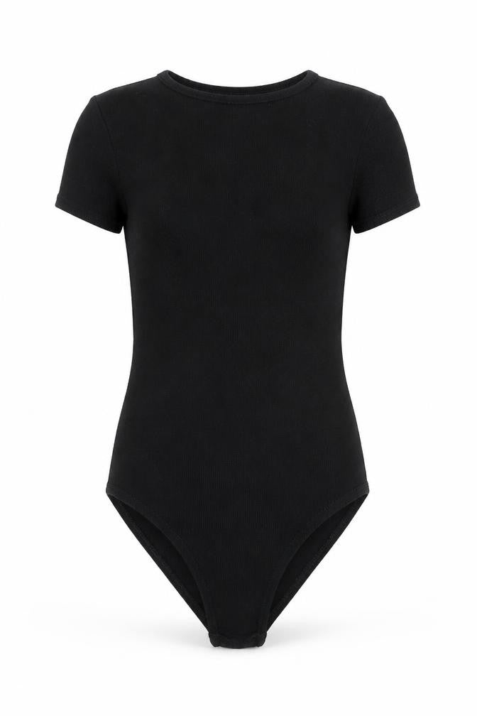 Front view of Miss Selfridge women’s black polyester bodysuit one-piece, size UK 6, snap