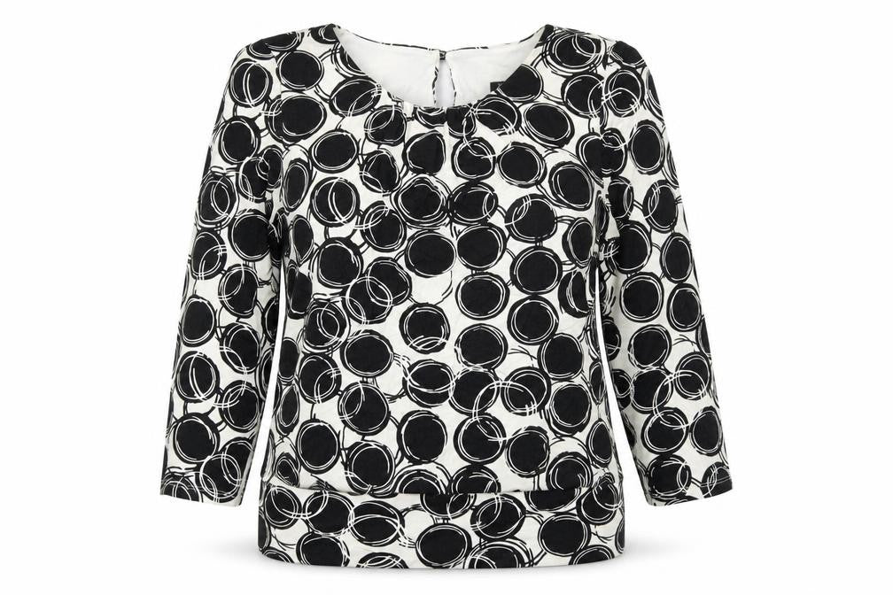 Front view of Roman women’s black geometric viscose basic blouse, size UK 10, round neck