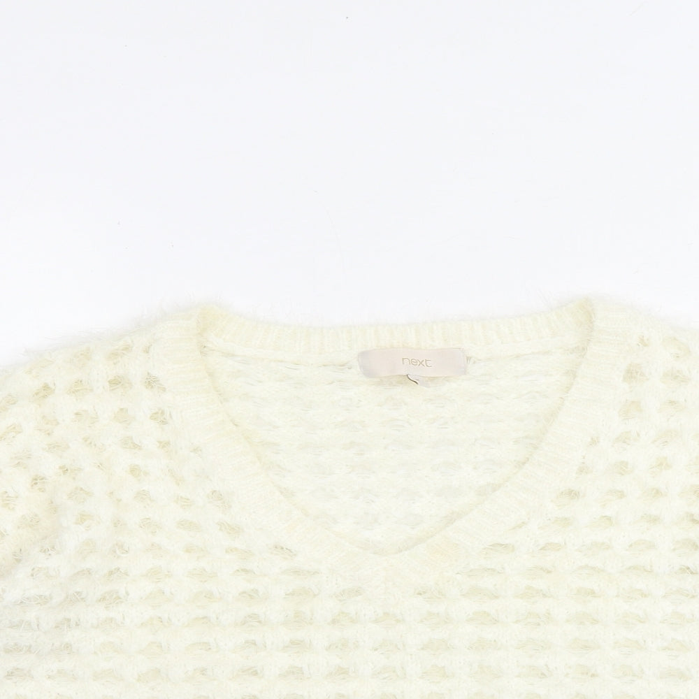 NEXT Womens White V-Neck Nylon Pullover Jumper Size M - Cropped