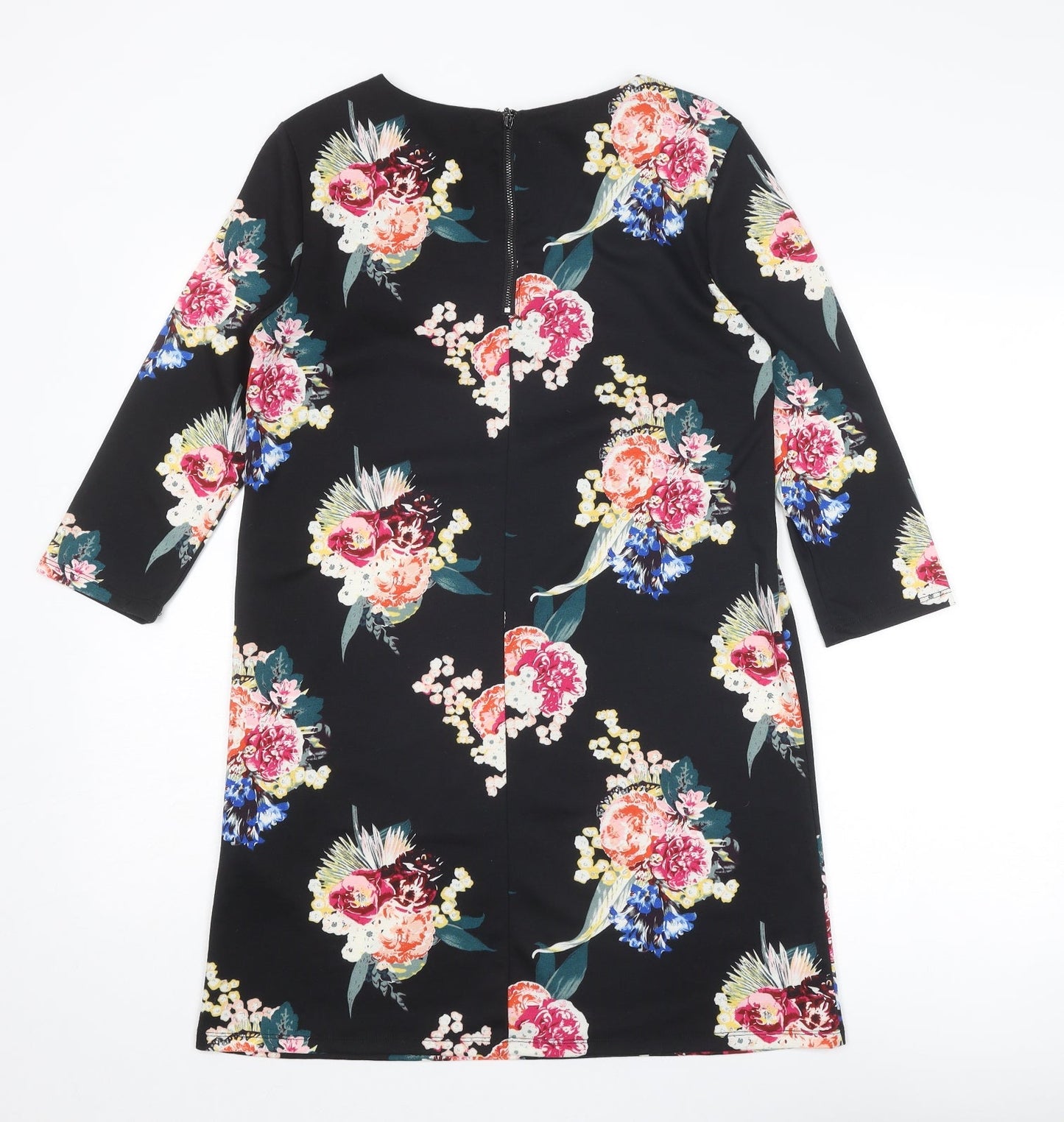 H&M Womens Black Floral Cotton Shift Size S Boat Neck Zip