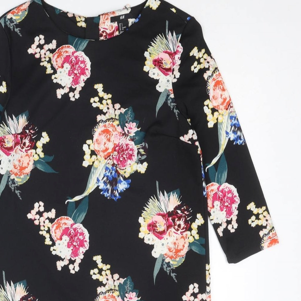 H&M Womens Black Floral Cotton Shift Size S Boat Neck Zip
