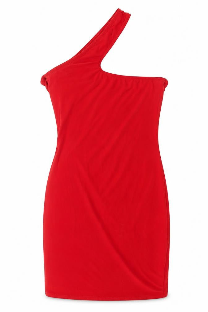 Front view of Missguided women’s red polyester mini, size UK 8, one shoulder pullover - asymmetric neckline