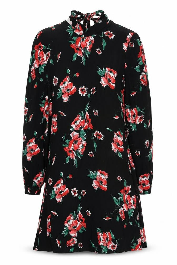 Front view of ASOS women’s black floral viscose a-line, size UK 8, round neck zip