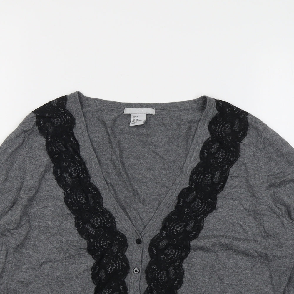 H&M Womens Grey V-Neck Modal Cardigan Jumper Size M - Lace Trim