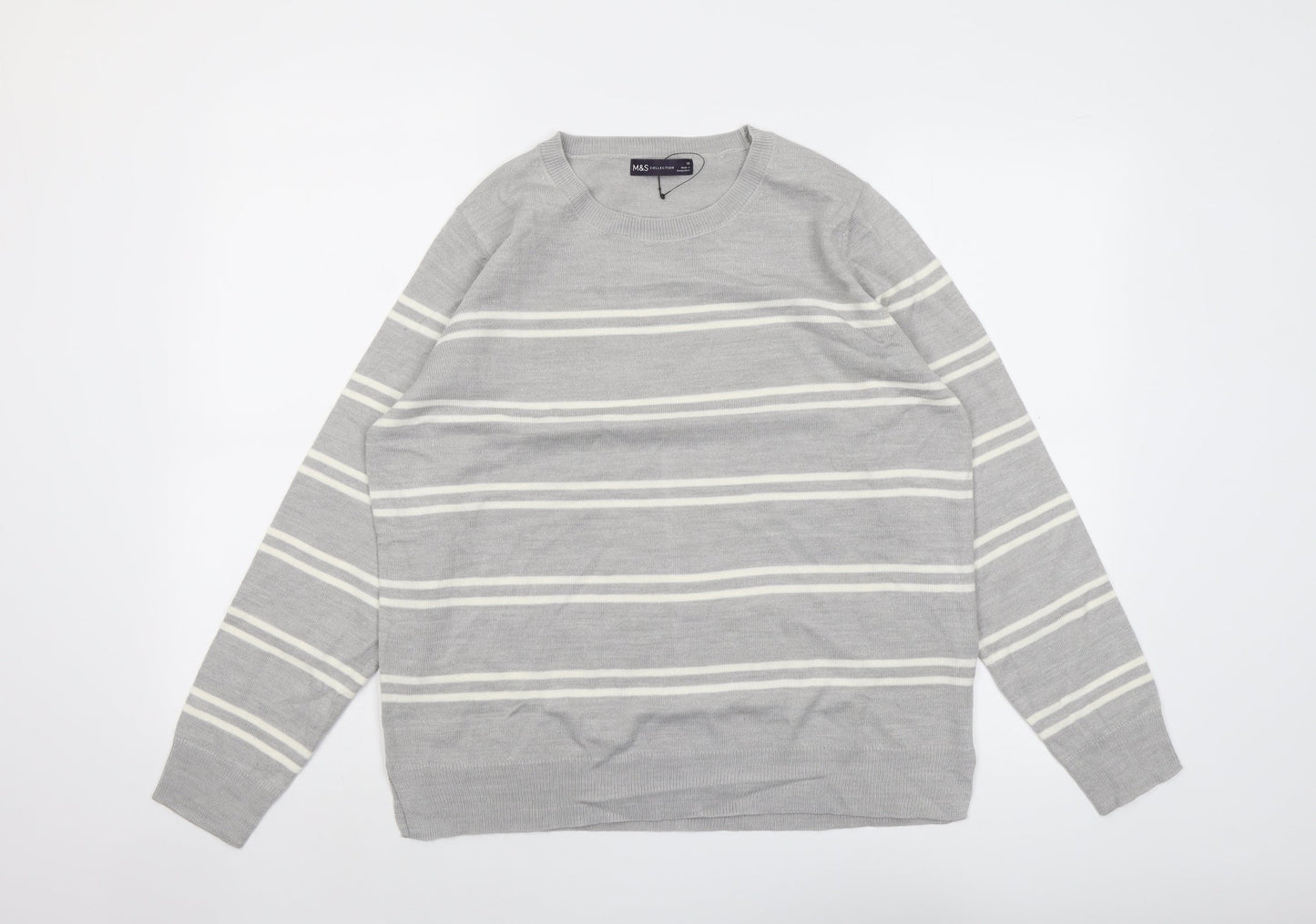 Marks and Spencer Womens Grey Round Neck Striped Acrylic Pullover Jumper Size 16