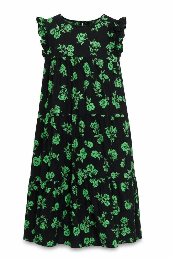 Front view of ASOS women’s black floral polyester a-line, size UK 12, round neck button