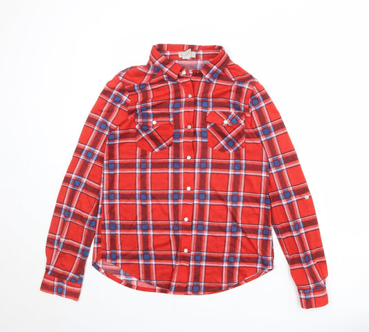 Passport Womens Red Plaid Polyester Basic Button-Up Size M Collared