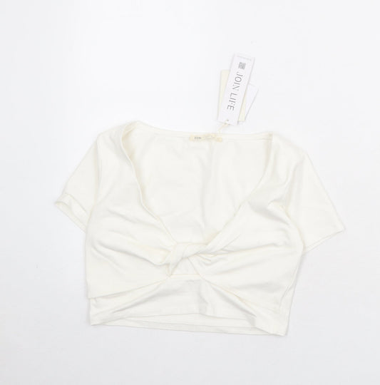 Stradivarius Womens Ivory Cotton Cropped T-Shirt Size M V-Neck - Twist Front Detail