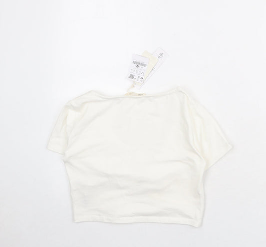 Stradivarius Womens Ivory Cotton Cropped T-Shirt Size M V-Neck - Twist Front Detail
