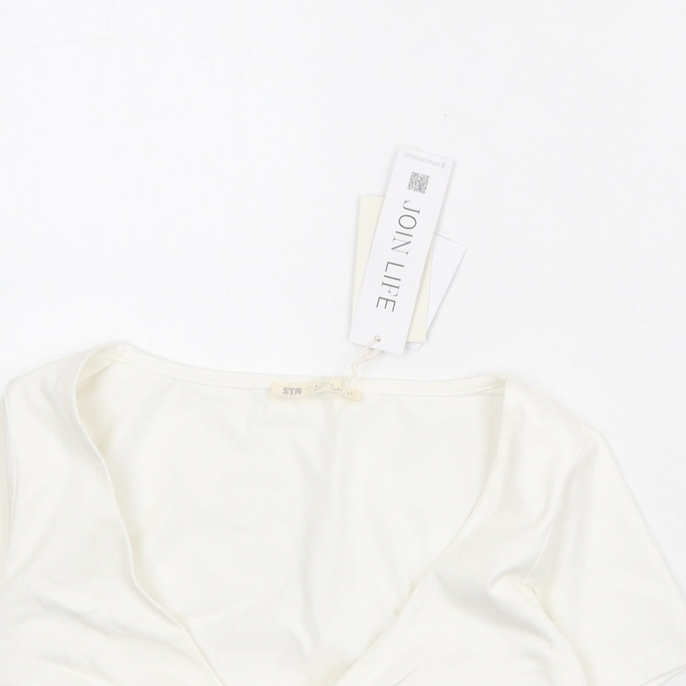 Stradivarius Womens Ivory Cotton Cropped T-Shirt Size M V-Neck - Twist Front Detail